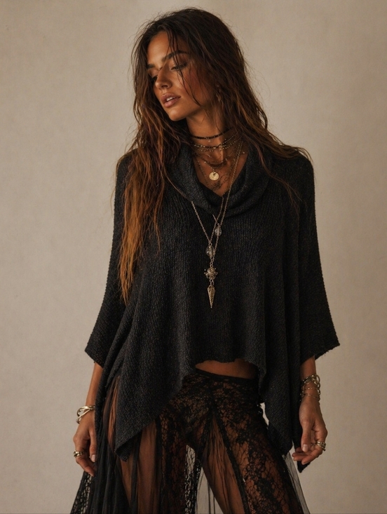 Free People Tops - Free People Beach World Traveler Cowl Neck Pullover Size L Black Split Back Top